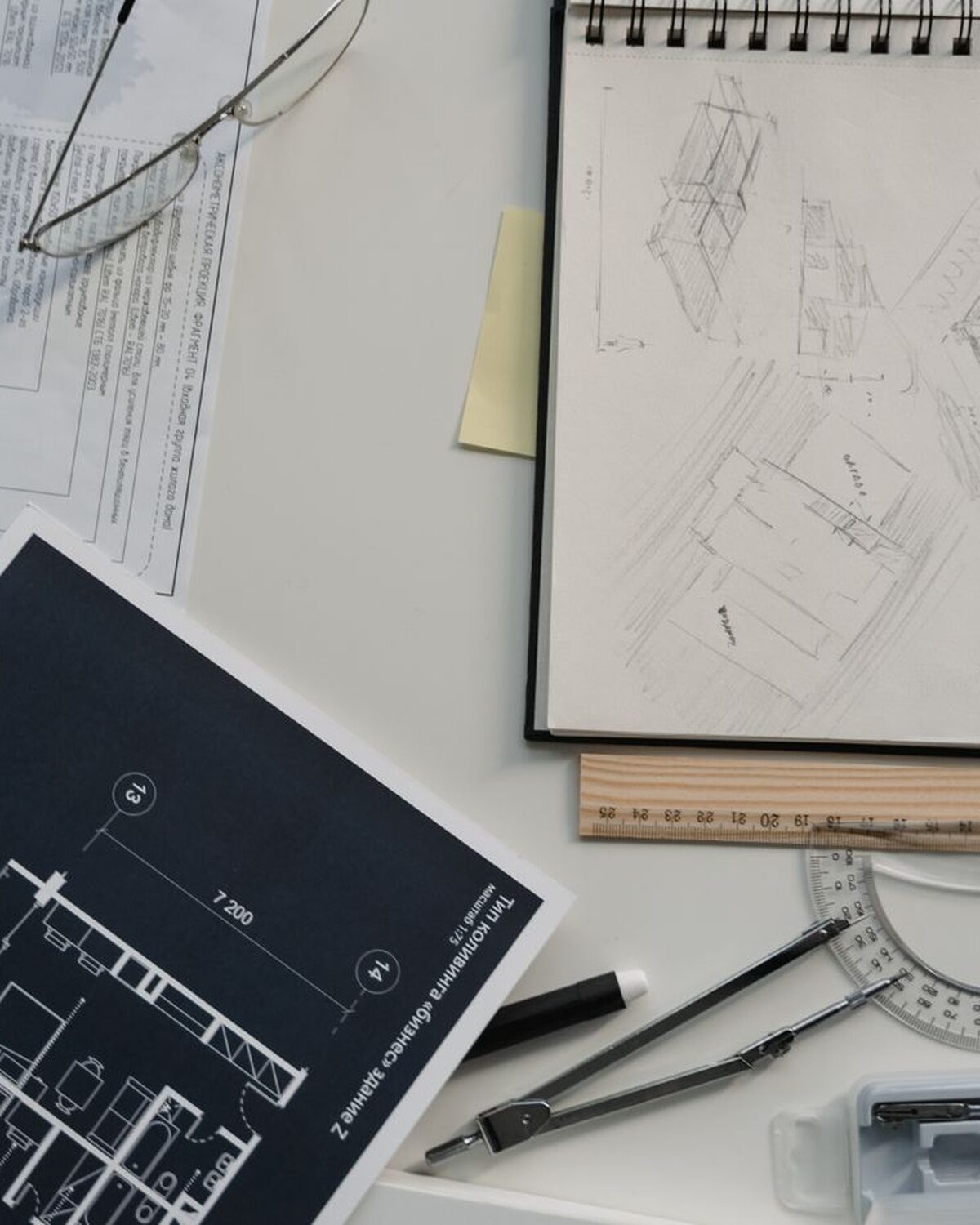 Bouwtekeningen en schetsen op een werktafel
